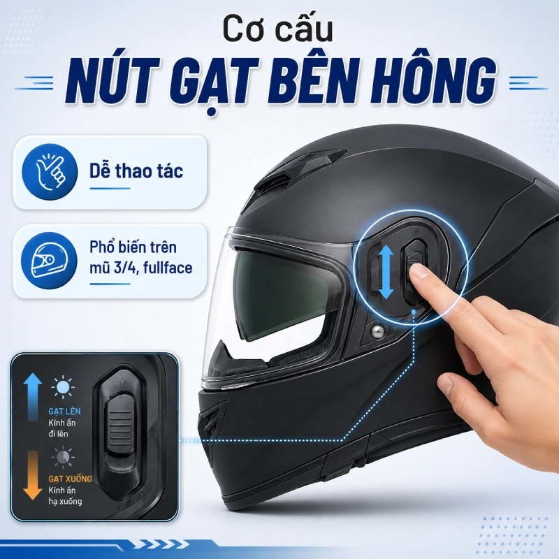 Mũ bảo hiểm kính ẩn là gì? Gồm những loại nào 2 Cơ cấu nút gạt bên hông