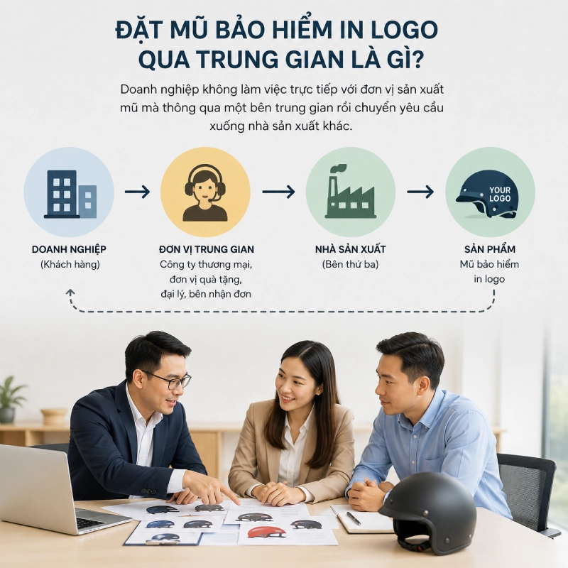 Có nên đặt mũ bảo hiểm in logo qua trung gian không? 1 Đặt mũ bảo hiểm in logo qua trung gian là gì?