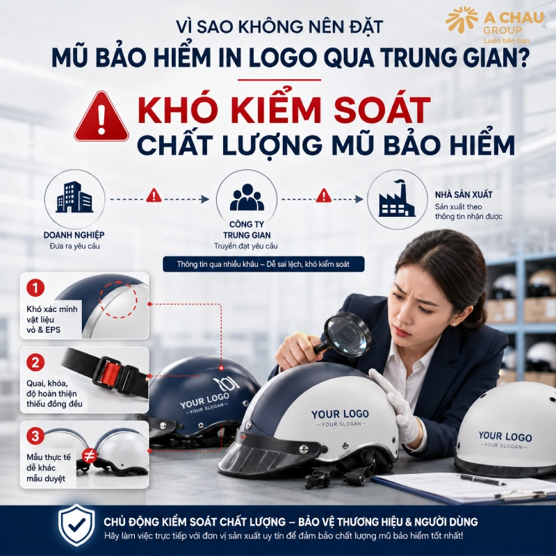 Có nên đặt mũ bảo hiểm in logo qua trung gian không? 4 Đặt mũ bảo hiểm in logo qua trung gian sẽ khó kiểm soát chất lượng mũ bảo hiểm