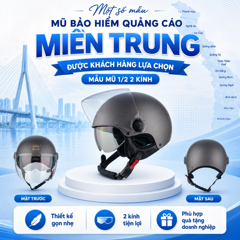 Một số mẫu mũ bảo hiểm quảng cáo tại miền trung được khách hàng lựa chọn dòng mũ 1/2 2 kính