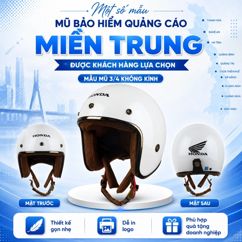Một số mẫu mũ bảo hiểm quảng cáo tại miền trung được khách hàng lựa chọn dòng mũ 3/4 không kính