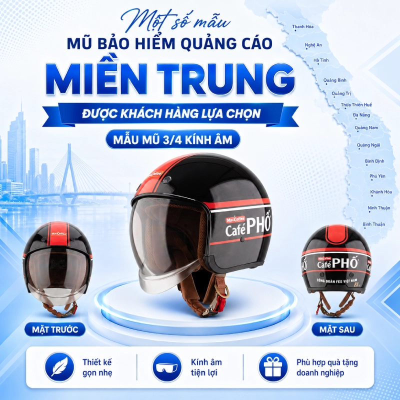 Một số mẫu mũ bảo hiểm quảng cáo tại Đà Nẵng được khách hàng lựa chọn dòng mũ 3/4 kính âm