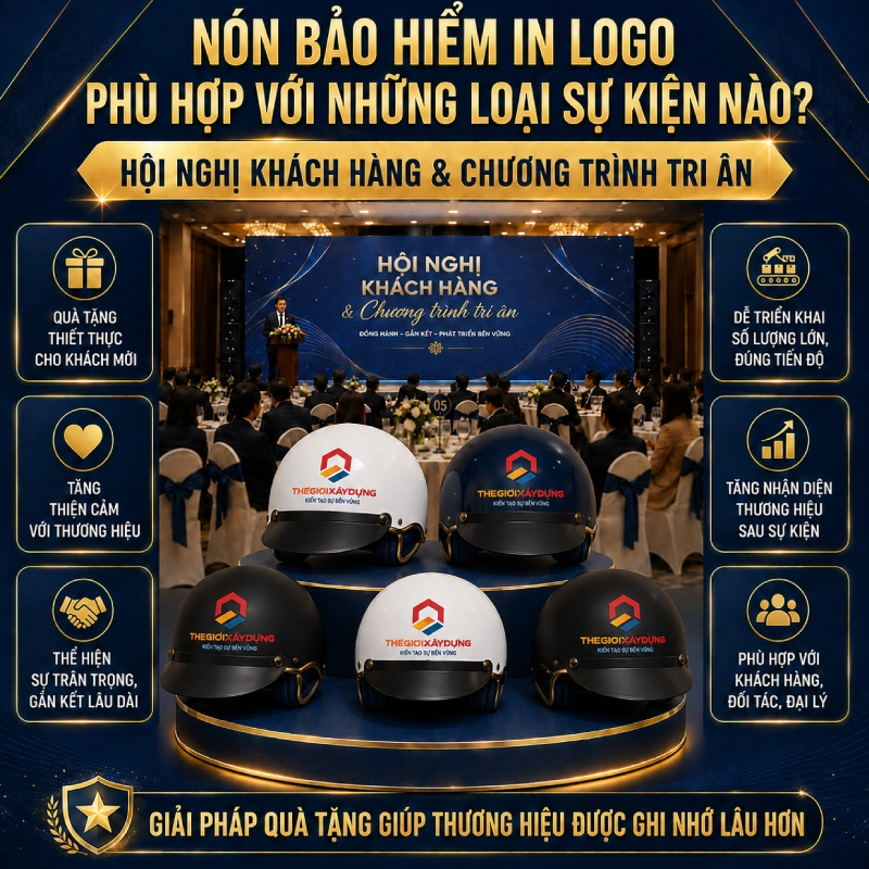 Nón bảo hiểm in logo phù hợp với những loại sự kiện hội nghị khách hàng và tri ân