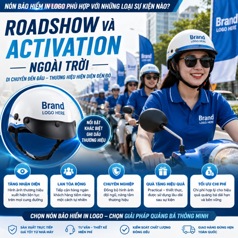 Nón bảo hiểm in logo phù hợp với những loại sự kiện Roadshow và activation ngoài trời