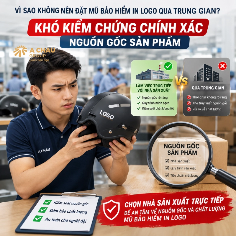 Có nên đặt mũ bảo hiểm in logo qua trung gian không? 8 Đặt mũ bảo hiểm in logo qua trung gian sẽ Khó kiểm chứng chính xác nguồn gốc sản phẩm