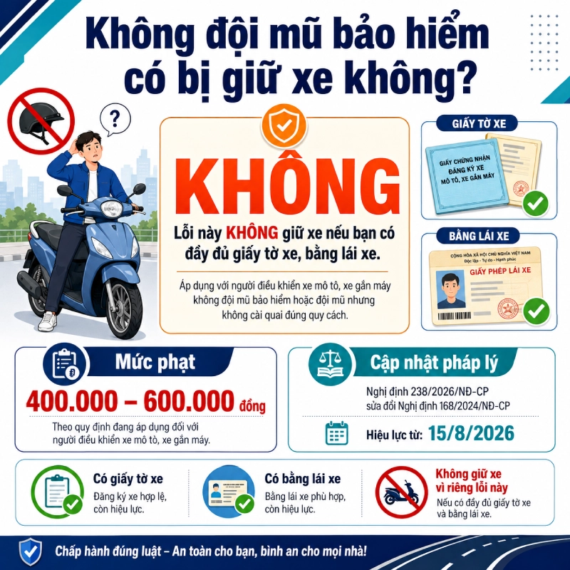 Không đội mũ bảo hiểm có bị giữ xe không? Không