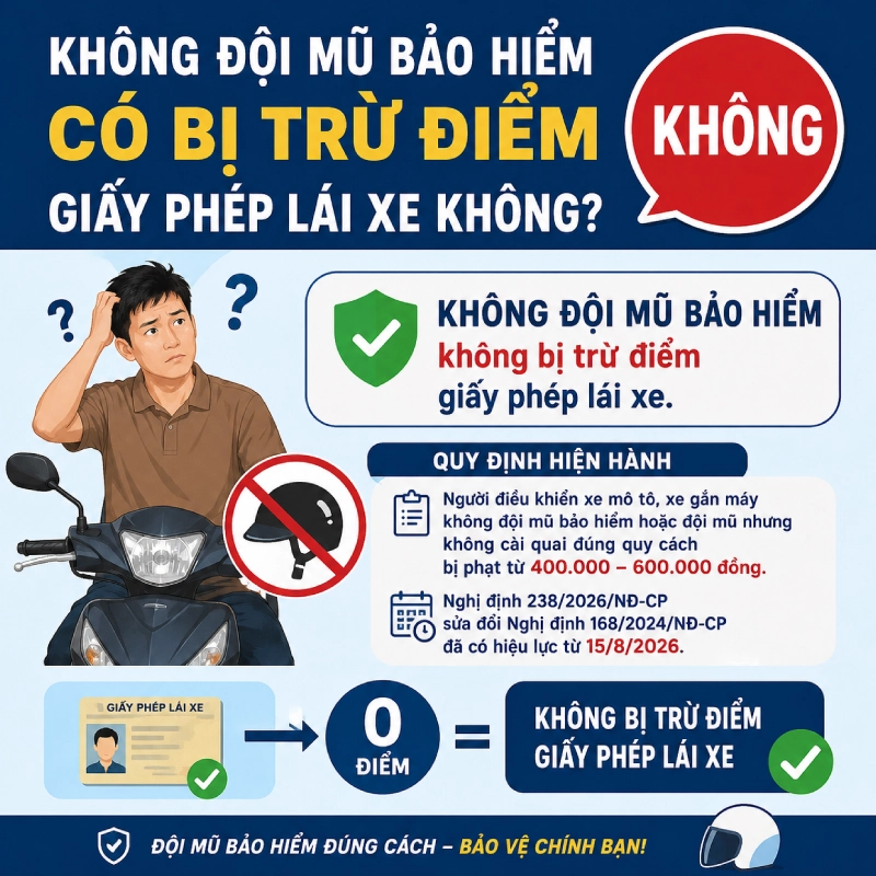 Không đội mũ bảo hiểm có bị trừ điểm giấy phép lái xe không?