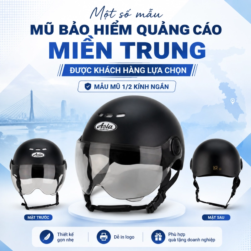Một số mẫu mũ bảo hiểm quảng cáo miền trung được khách hàng lựa chọn dòng mũ 1/2 kính ngắn