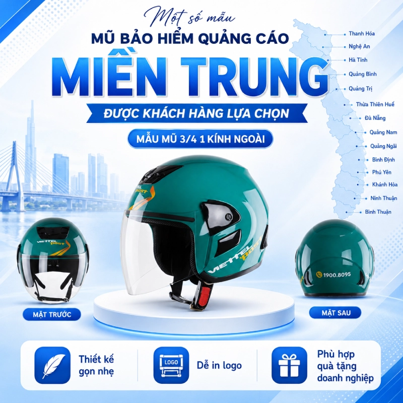 Một số mẫu mũ bảo hiểm quảng cáo tại miền trung được khách hàng lựa chọn dòng mũ 3/4 kính ngoài