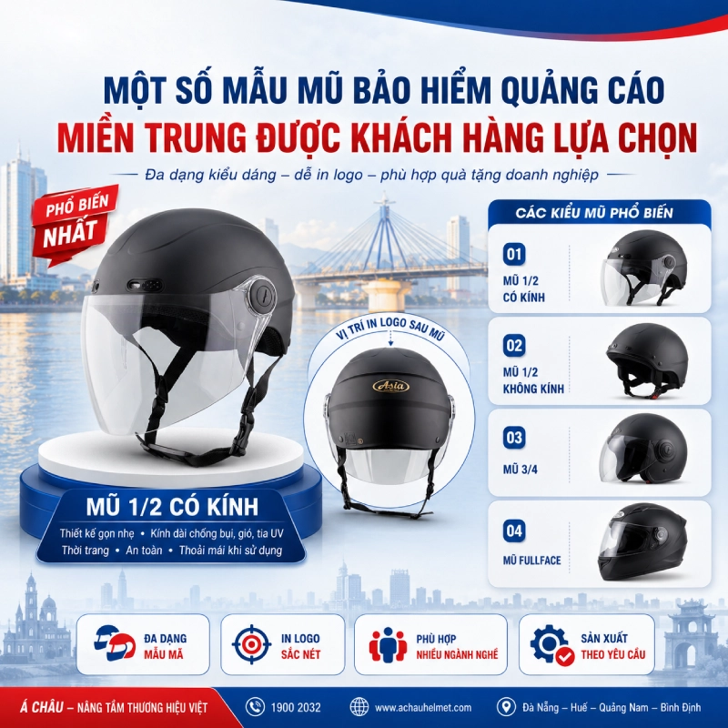 Một số mẫu mũ bảo hiểm quảng cáo miền trung được khách hàng lựa chọn dòng mũ 1/2 kính dài