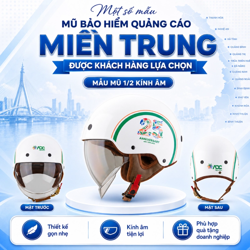 Một số mẫu mũ bảo hiểm quảng cáo tại miền trung được khách hàng lựa chọn dòng mũ 1/2 kính âm