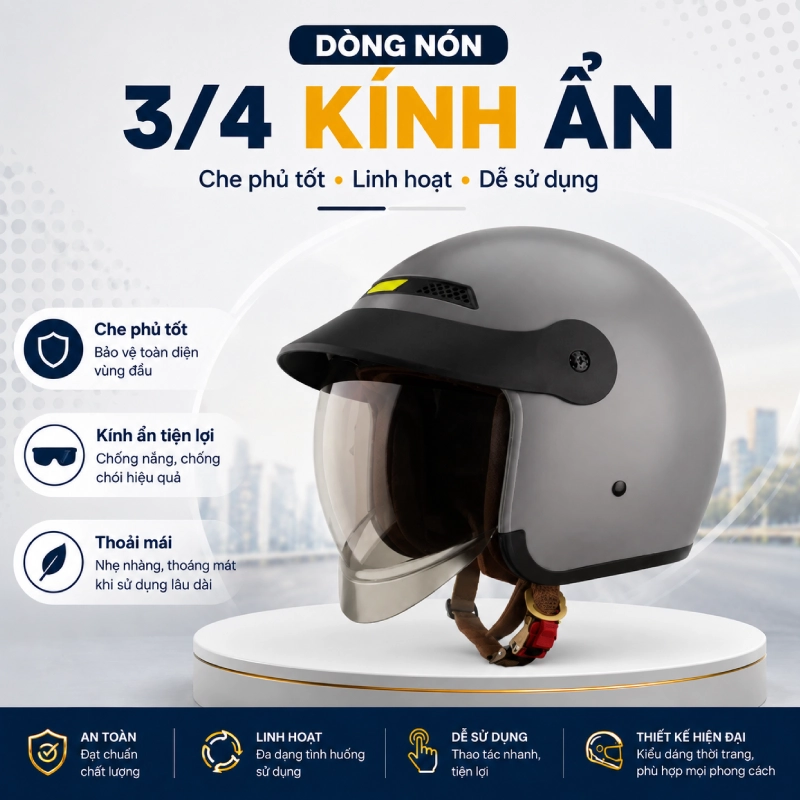 Mũ bảo hiểm kính ẩn là gì? Gồm những loại nào 9 Mũ bảo hiểm kính ẩn 3/4