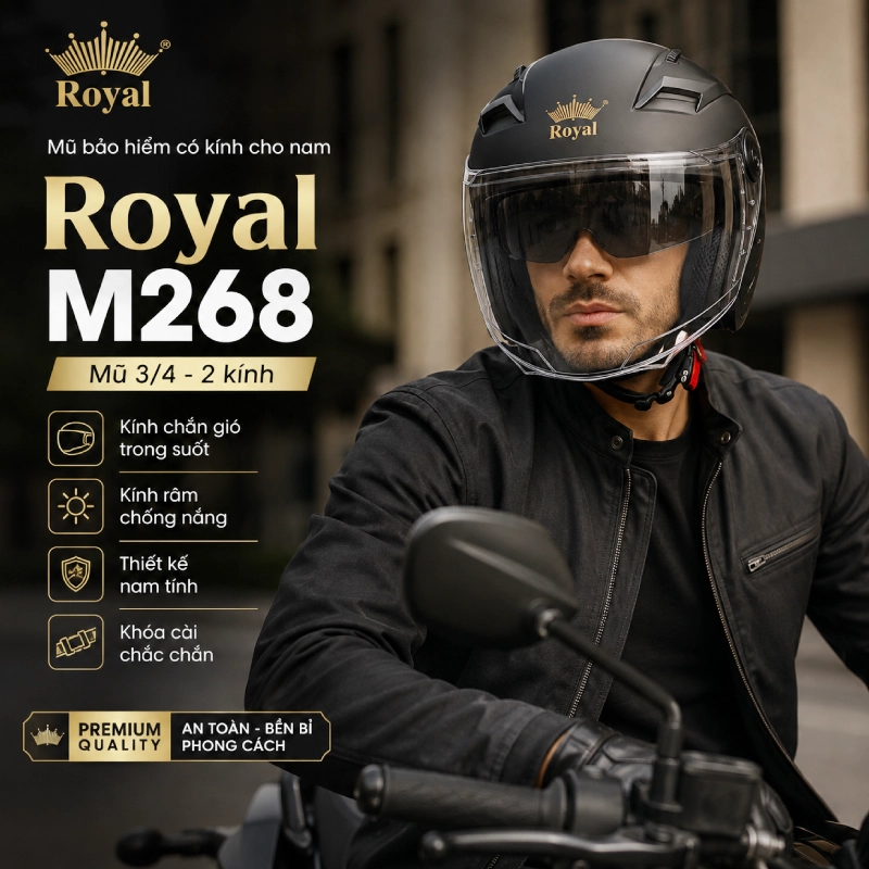 Mũ bảo hiểm 3/4 hai kính cho nam Royal M268