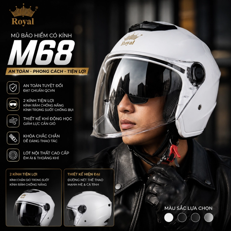 Mũ bảo hiểm 3/4 hai kính cho nam Royal M68