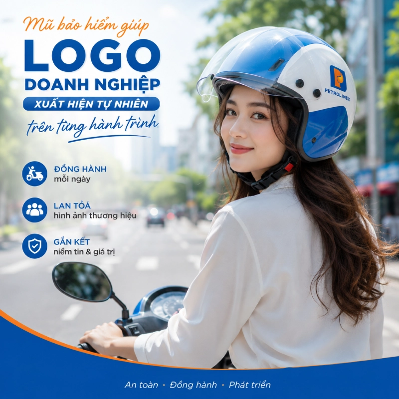 Mũ bảo hiểm được xem là quà tết cho nhân viên công ty vì Logo doanh nghiệp xuất hiện tự nhiên trên từng hành trình