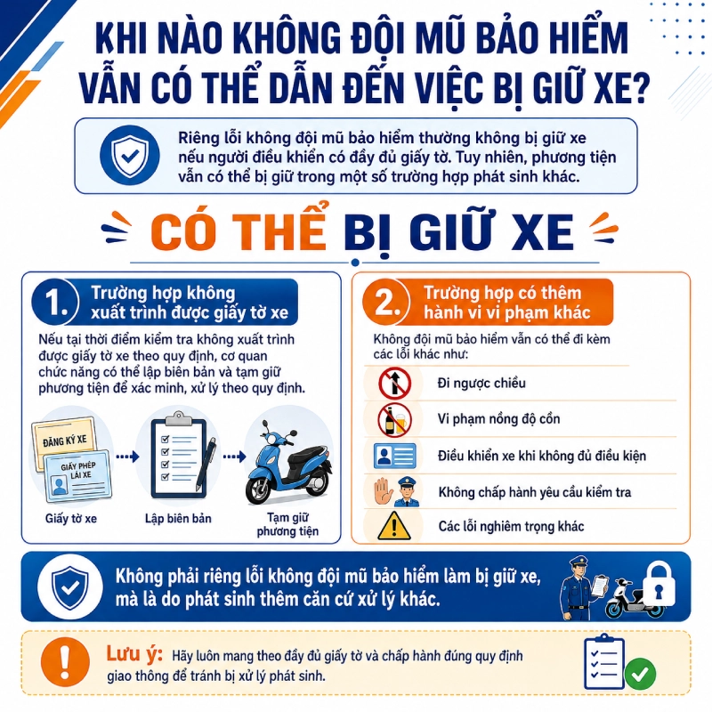 Khi nào không đội mũ bảo hiểm vẫn có thể dẫn đến việc bị giữ xe?