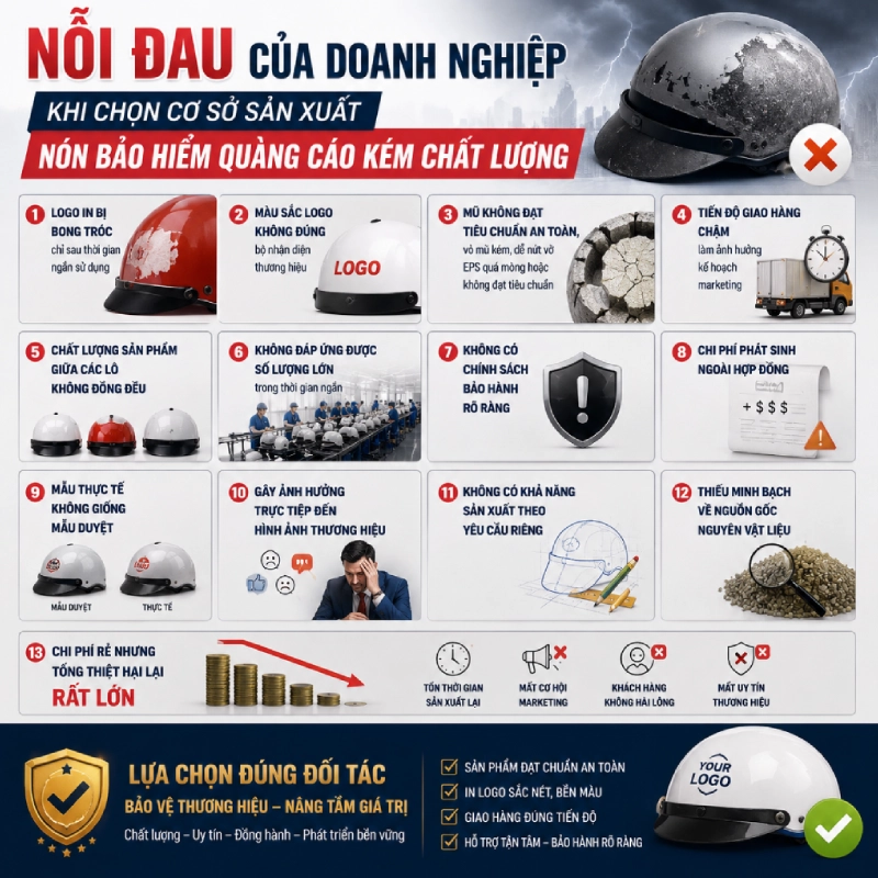 Mũ bảo hiểm quảng cáo thiết kế riêng, in logo sắc nét 46 Nỗi đau của doanh nghiệp khi chọn cơ sở sản xuất nón bảo hiểm quảng cáo kém chất lượng