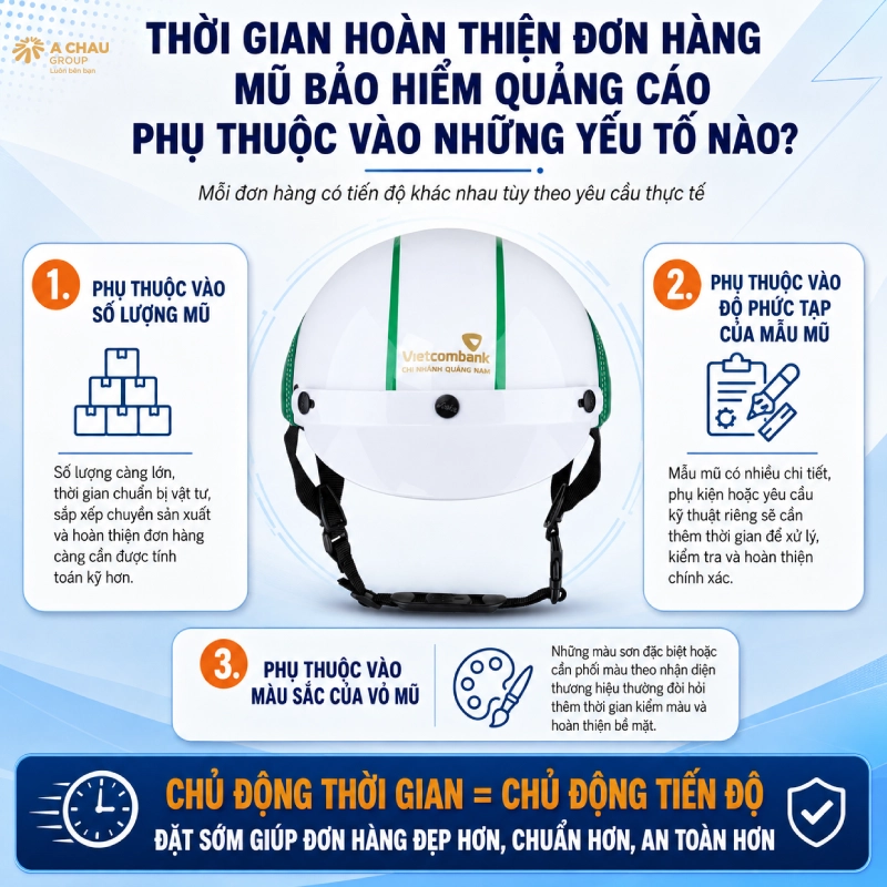 Thời gian hoàn thiện đơn hàng mũ bảo hiểm quảng cáo phụ thuộc vào những yếu tố nào?