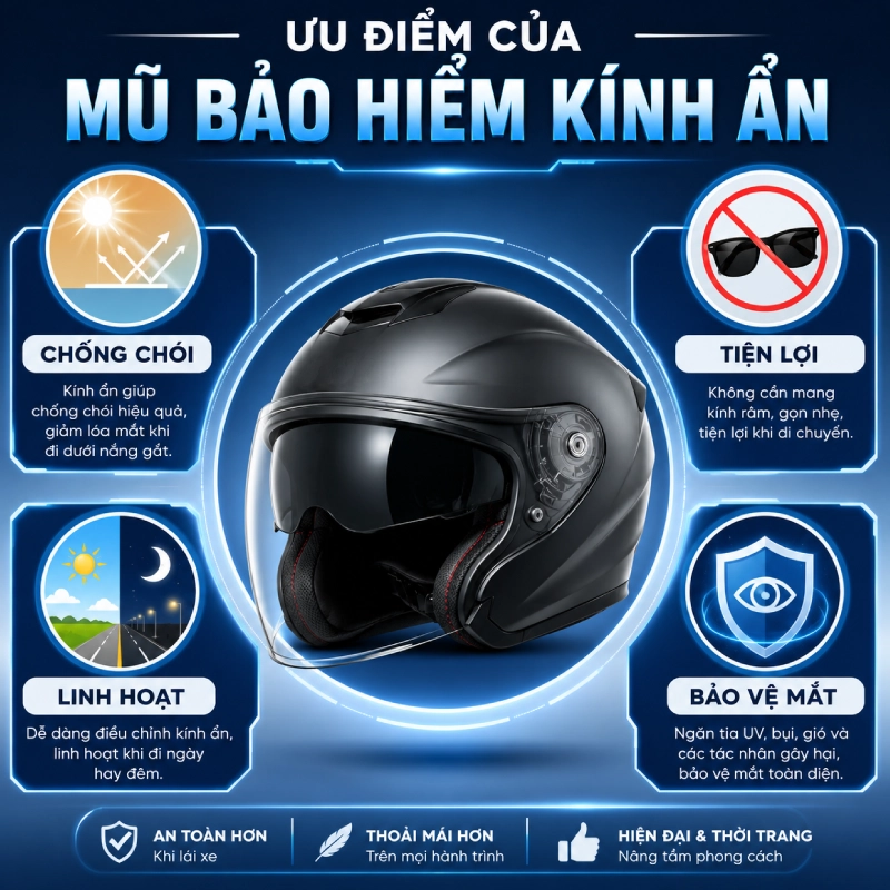 Mũ bảo hiểm kính ẩn là gì? Gồm những loại nào 7 Ưu điểm của mũ bảo hiểm kính ẩn