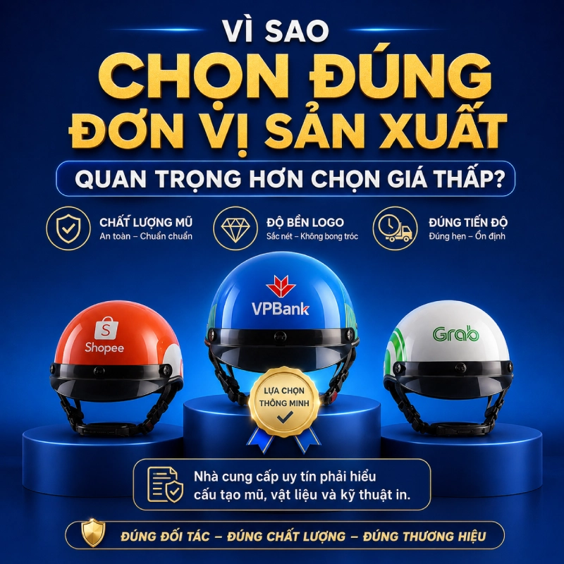 Đặt mũ bảo hiểm in logo ở đâu tốt nhất tại tphcm? 1 Vì sao chọn đúng đơn vị sản xuất quan trọng hơn chọn giá thấp?