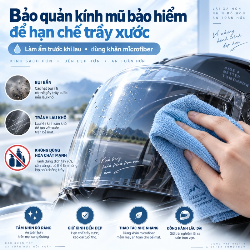 Cách bảo quản mũ bảo hiểm đúng cách giúp tăng tuổi thọ 8 Bảo quản kính mũ bảo hiểm để hạn chế trầy xước