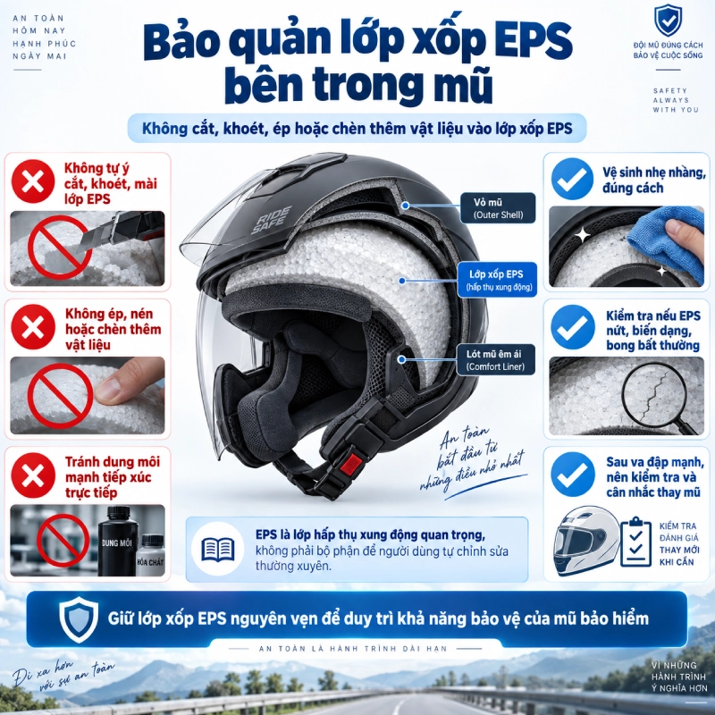 Cách bảo quản mũ bảo hiểm đúng cách giúp tăng tuổi thọ 6 Bảo quản lớp xốp EPS bên trong mũ