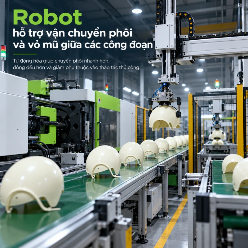 Robot hỗ trợ vận chuyển phôi và vỏ mũ giữa các công đoạn