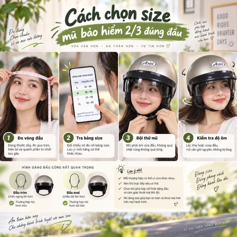 Cách chọn size mũ bảo hiểm 2/3 đúng đầu