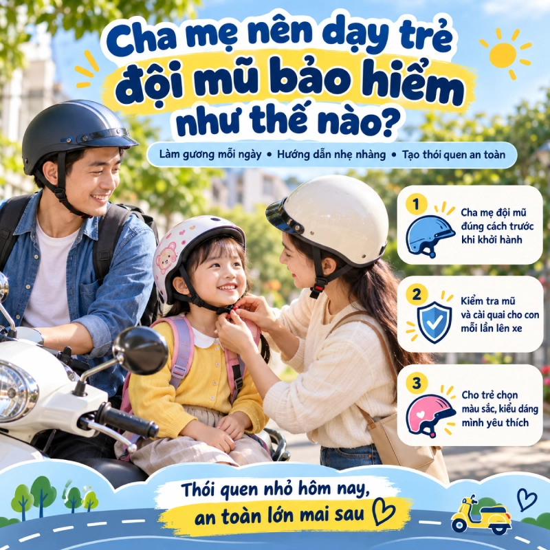 Cha mẹ nên dạy trẻ đội mũ bảo hiểm như thế nào?