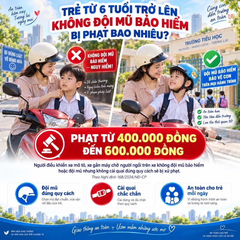 Trẻ từ 6 tuổi trở lên không đội mũ bảo hiểm bị phạt 400.000-600.000 VNĐ