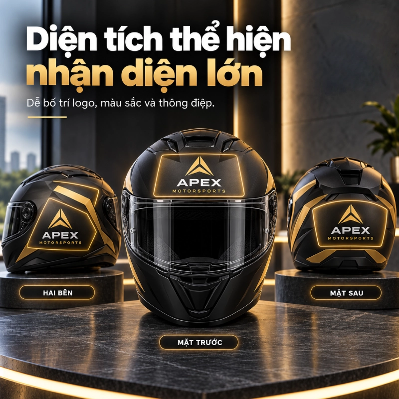 Có nên chọn mũ fullface in logo để quảng bá thương hiệu không? Có vì diện tích in logo lớn