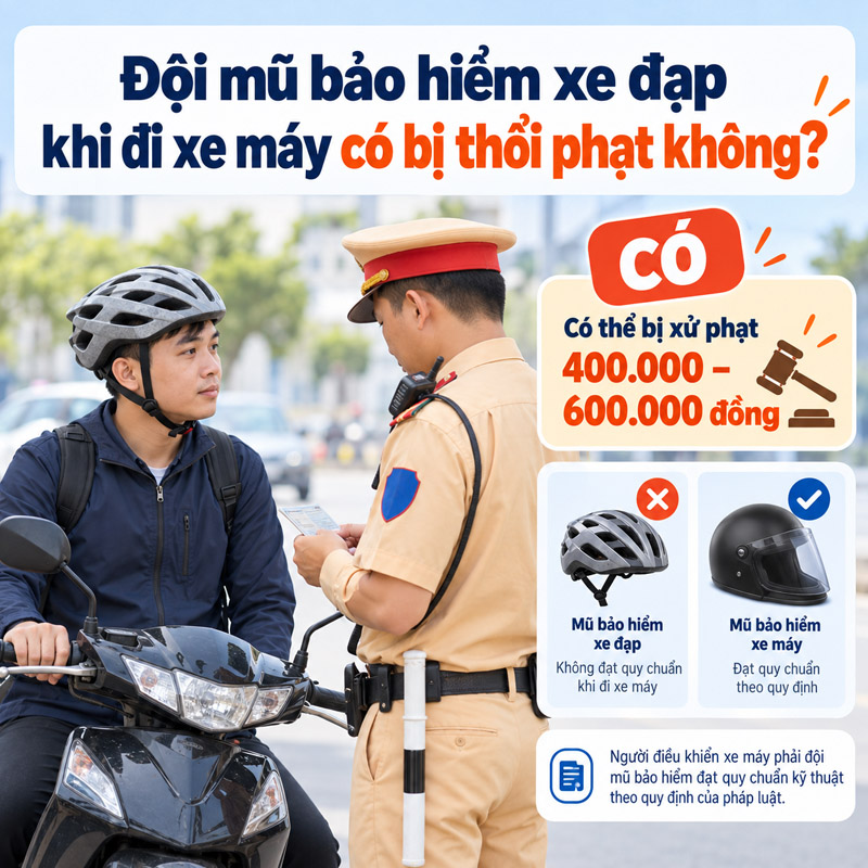 Đội mũ bảo hiểm xe đạp khi đi xe máy có bị thổi phạt không?