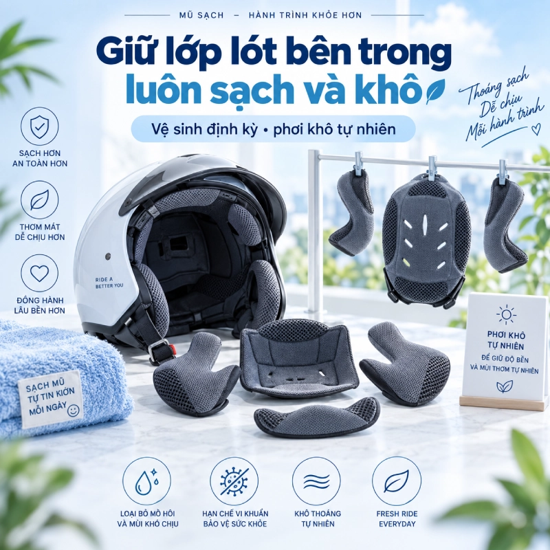Cách bảo quản mũ bảo hiểm đúng cách giúp tăng tuổi thọ 7 Cách bảo quản mũ bảo hiểm giúp tăng tuổi thọ là Giữ lớp lót bên trong luôn sạch và khô