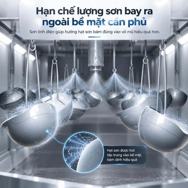 Công nghệ sơn tĩnh điện trong sản xuất mũ bảo hiểm giúp hạn chế lượng sơn bay ra ngoài bề mặt cần phủ