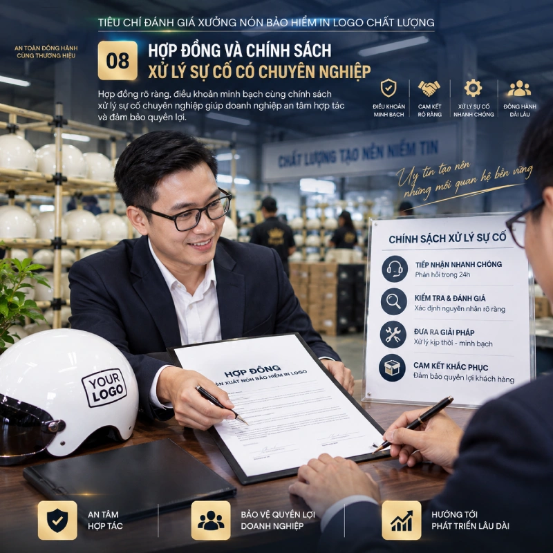 Tiêu chí đánh giá xưởng nón bảo hiểm in logo chất lượng là có Hợp đồng và chính sách xử lý sự cố có chuyên nghiệp