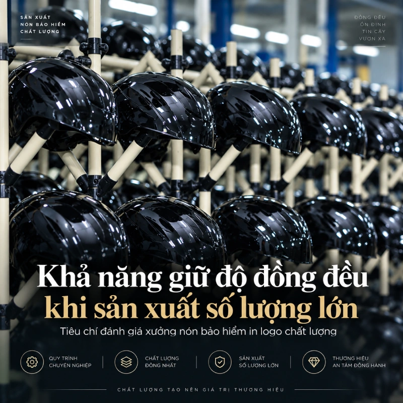 Tiêu chí đánh giá xưởng nón bảo hiểm in logo chất lượng là Khả năng giữ độ đồng đều khi sản xuất số lượng lớn