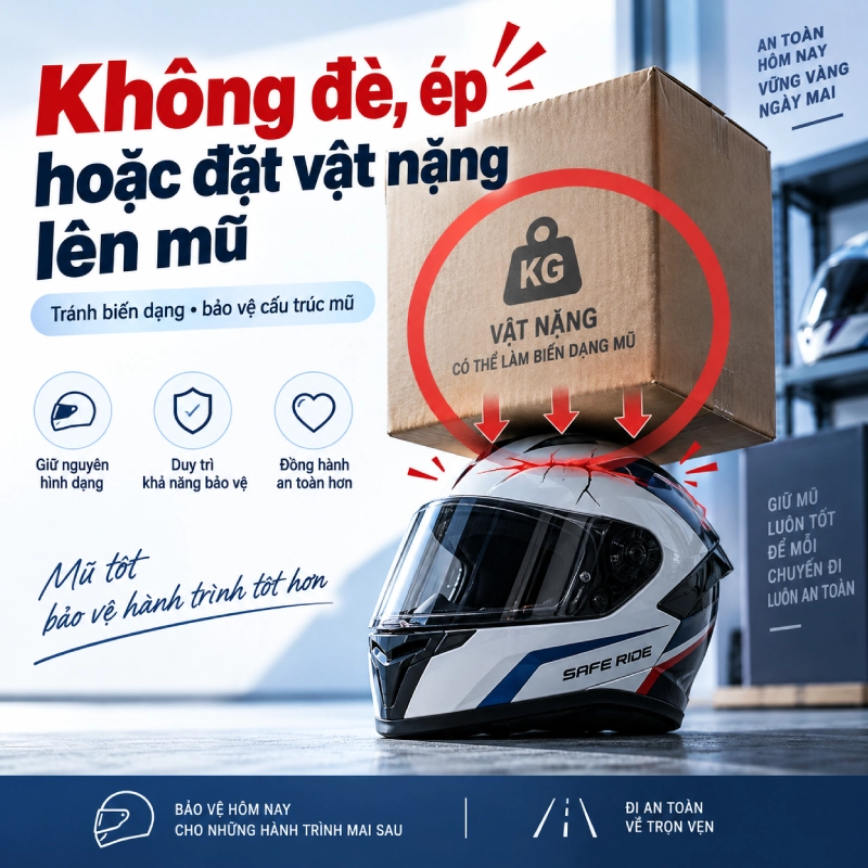 Cách bảo quản mũ bảo hiểm đúng cách giúp tăng tuổi thọ 9 Cách bảo quản nón bảo hiểm giúp tăng cường tuổi thọ là Không đè, ép hoặc đặt vật nặng lên mũ