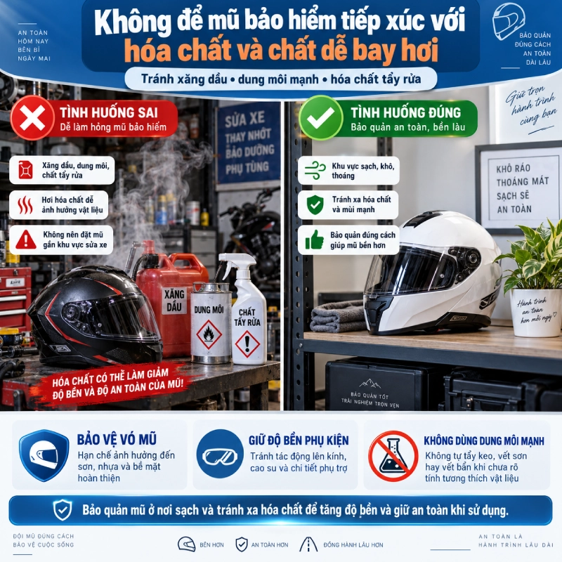Cách bảo quản mũ bảo hiểm đúng cách giúp tăng tuổi thọ 14 Không để mũ tiếp xúc với hóa chất và chất dễ bay hơi