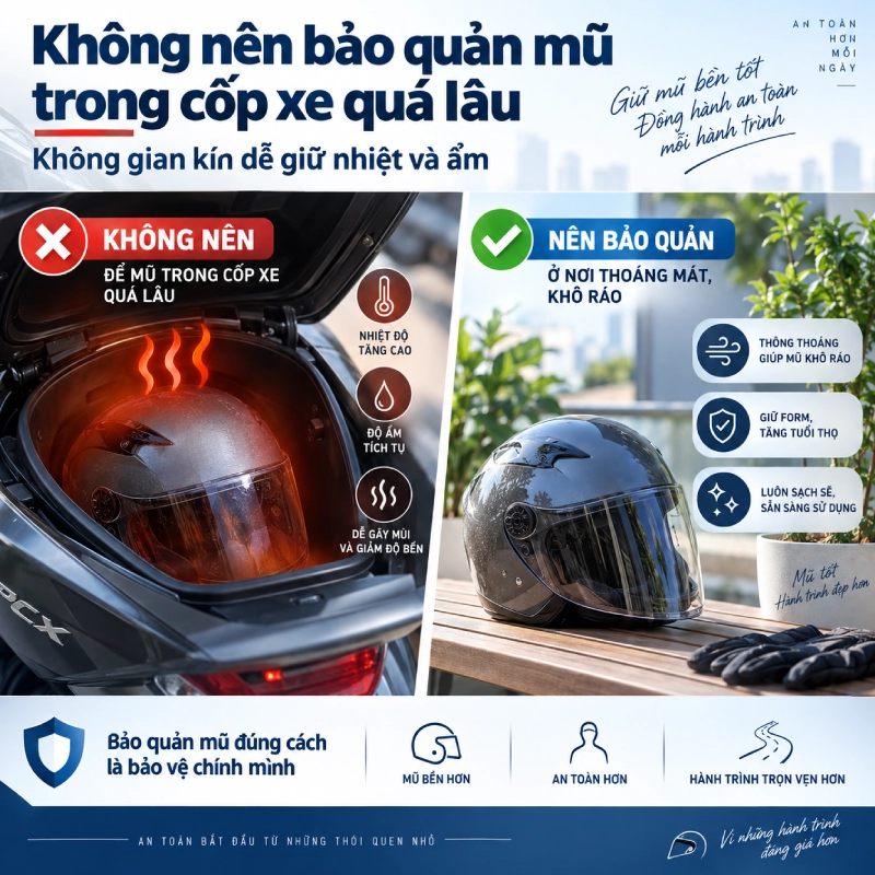 Cách bảo quản mũ bảo hiểm đúng cách giúp tăng tuổi thọ 3 Cách bảo quản mũ bảo hiểm giúp tăng tuổi thọ là Không nên để mũ trong cốp xe quá lâu