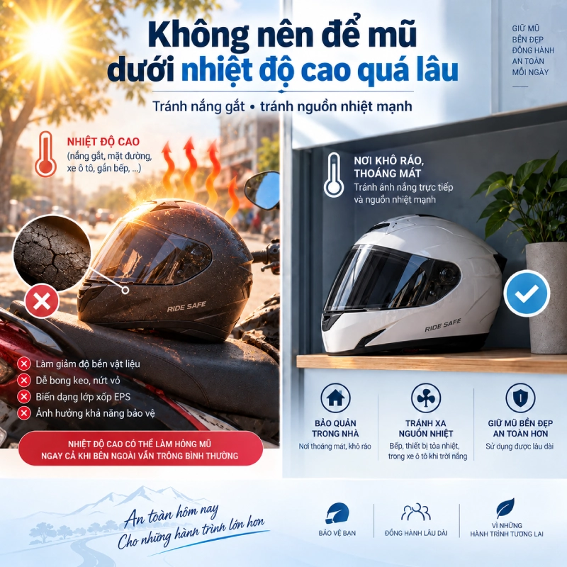Cách bảo quản mũ bảo hiểm đúng cách giúp tăng tuổi thọ 2 Cách bảo quản mũ bảo hiểm là Không nên để mũ dưới nhiệt độ cao trực tiếp quá lâu