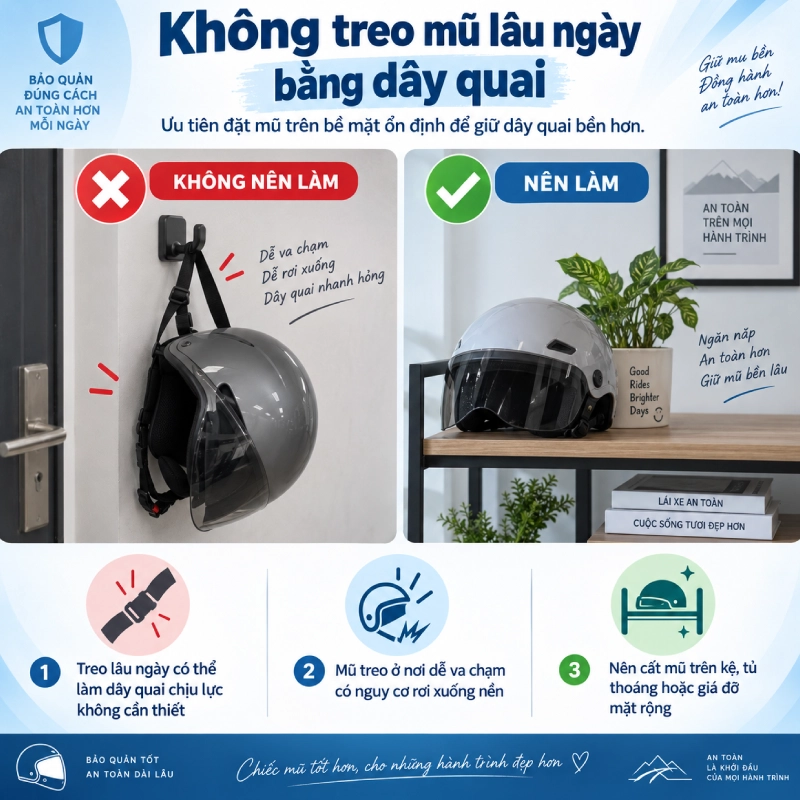 Cách bảo quản mũ bảo hiểm đúng cách giúp tăng tuổi thọ 12 Cách bảo quản mũ bảo hiểm chuẩn là Không treo mũ lâu ngày bằng dây quai