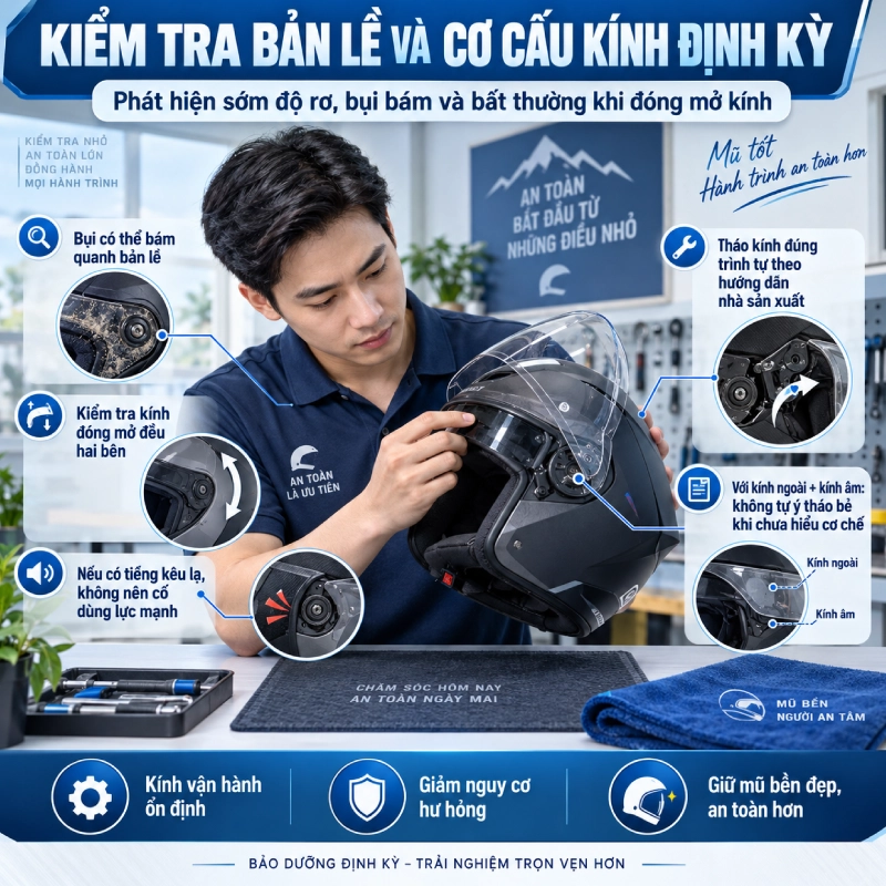 Cách bảo quản mũ bảo hiểm đúng cách giúp tăng tuổi thọ 10 Kiểm tra bản lề và cơ cấu kính định kỳ