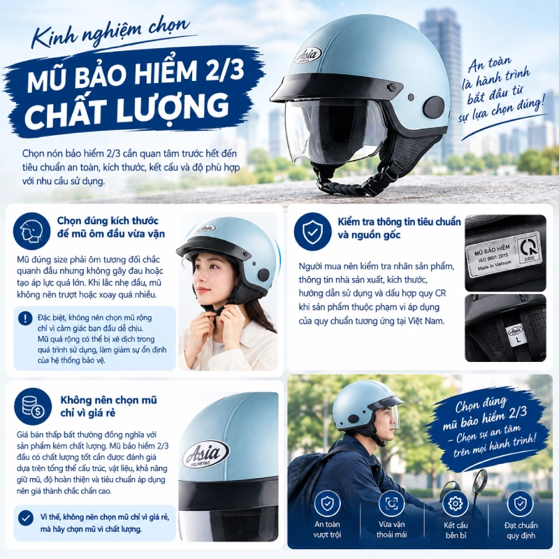 Kinh nghiệm chọn mũ bảo hiểm 2/3 chất lượng