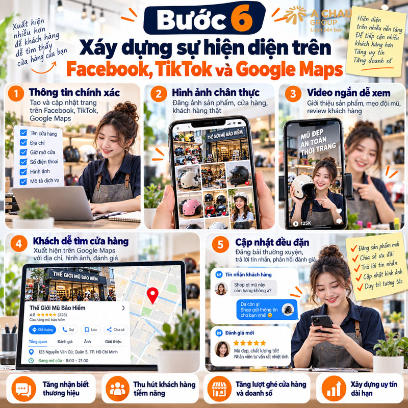 Bước 6: Xây dựng sự hiện diện trên Facebook, TikTok và Google Maps