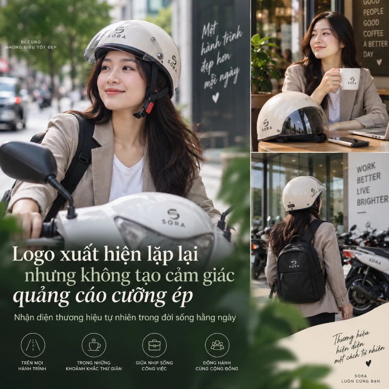Mũ bảo hiểm in logo có tuổi thọ truyền thông cao vì xuất hiện lặp đi lặp lại nhưng không gượng ép