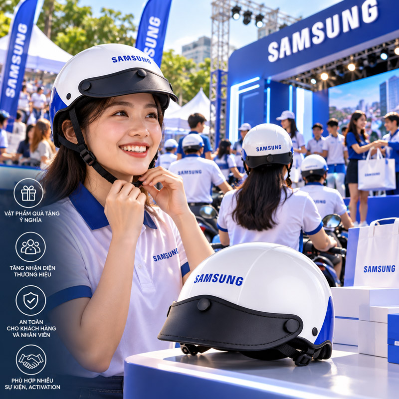 Mũ bảo hiểm in logo phù hợp với ngành nghề nào?Các doanh nghiệp tổ chức sự kiện, hội chợ và chương trình cộng đồng