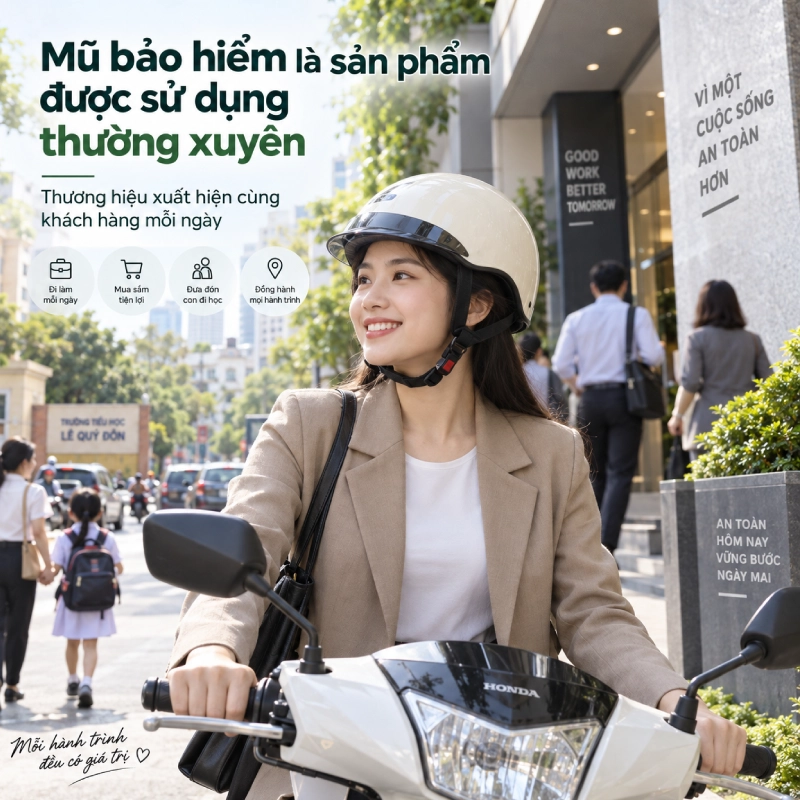 Mũ bảo hiểm in logo có tuổi thọ truyền thông cao vì là sản phẩm được sử dụng thường xuyên nhất