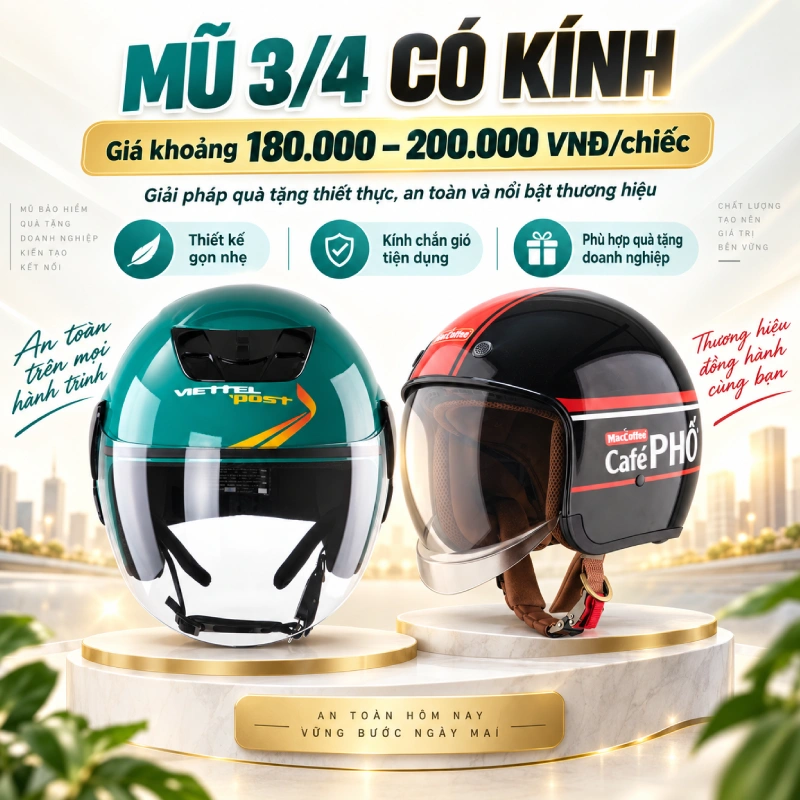 Giá nón bảo hiểm quà tặng dòng 3/4 có kính giá khoảng 180.000 – 200.000 VNĐ/chiếc