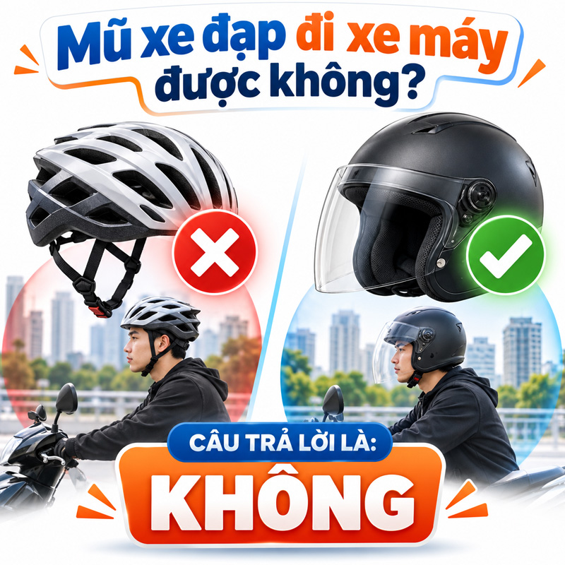 Mũ xe đạp đi xe máy được không? Câu trả lời là KHÔNG.