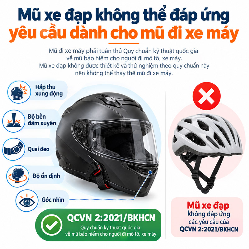 Mũ xe đạp không thể đáp ứng yêu cầu dành cho mũ đi xe máy